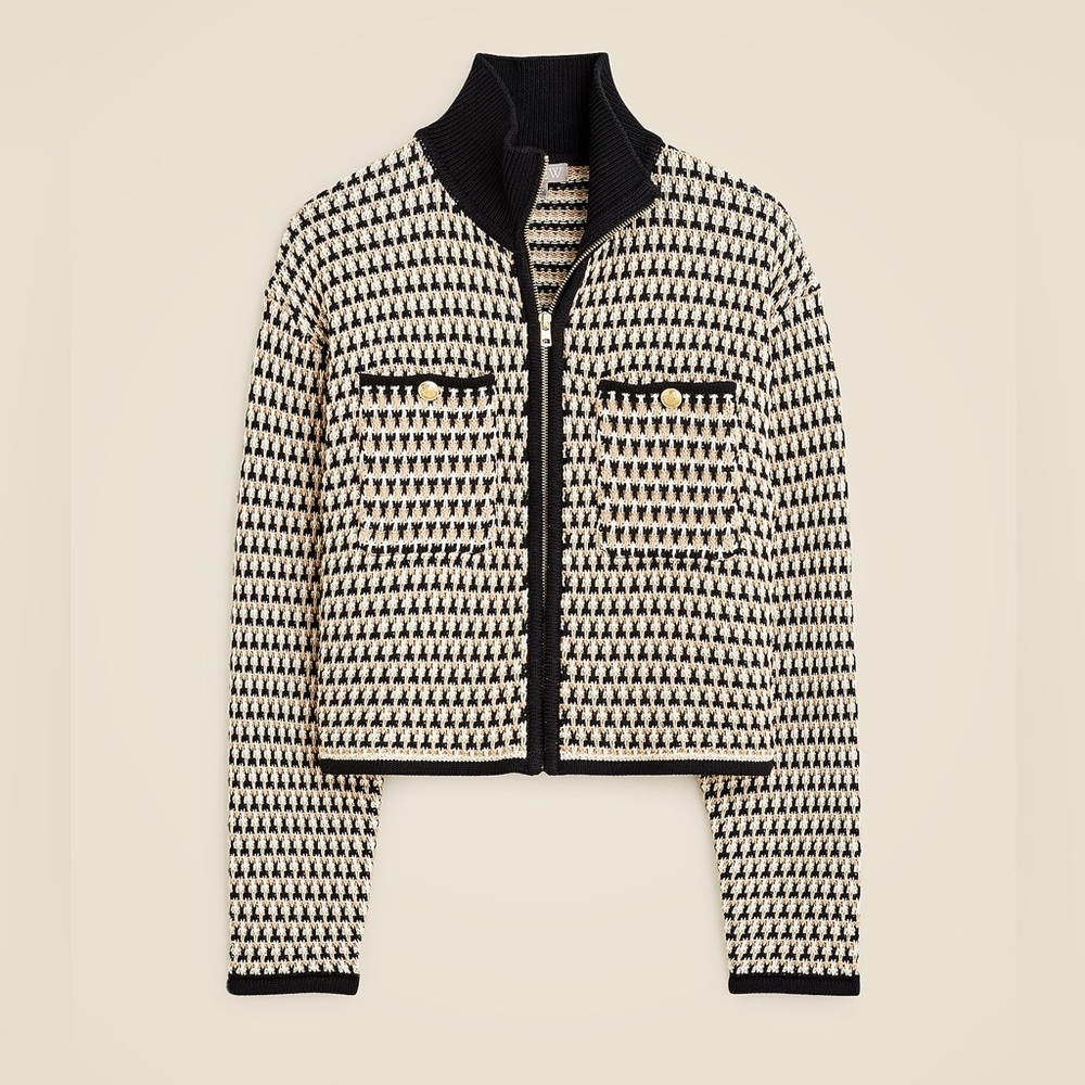 J.Crew Jacquard Sweater-Jacket Tan Black Full Zip Chunky Knit Preppy Luxury